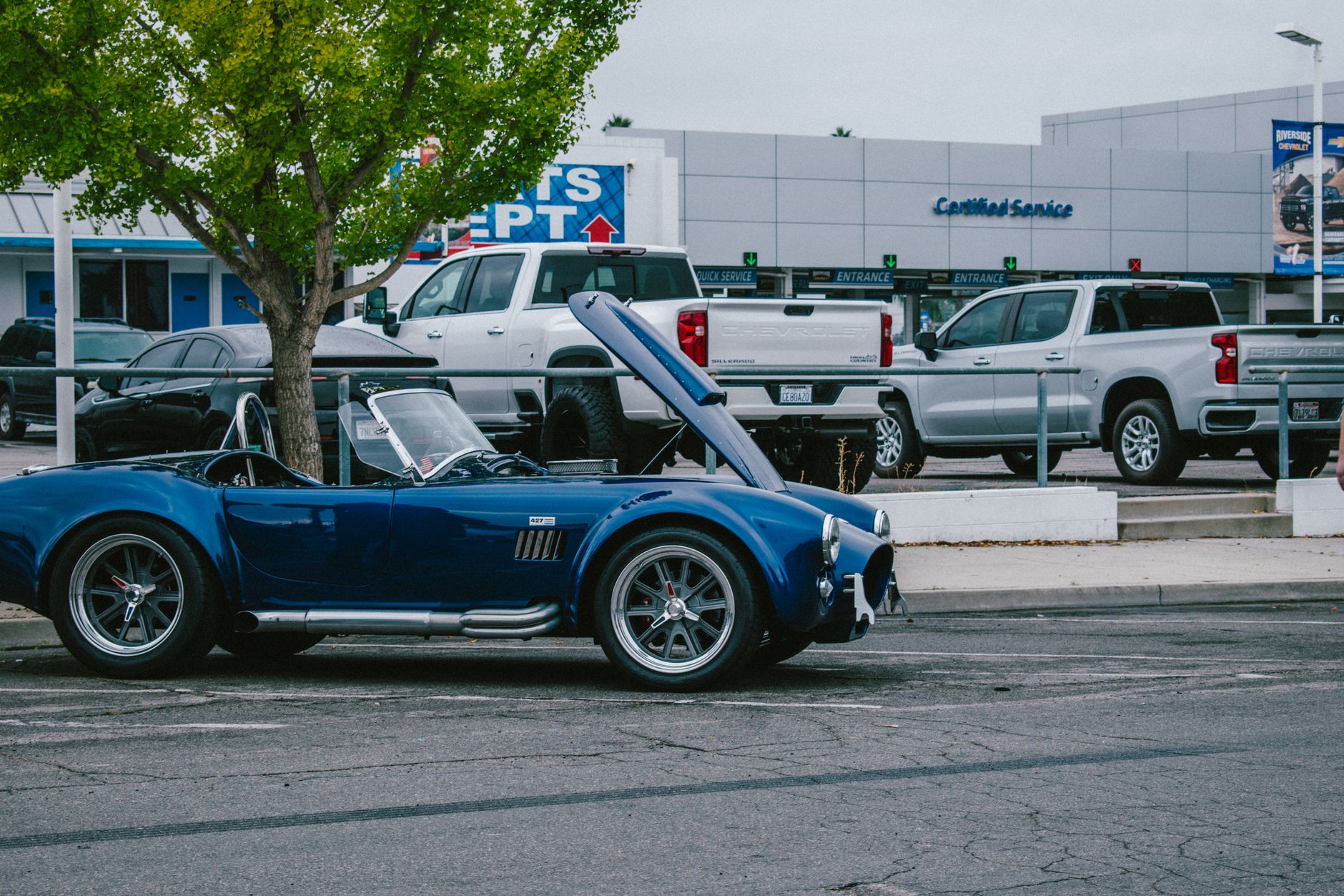 Niebieska Shelby Cobra z otwartą maską zaparkowana w Los Angeles