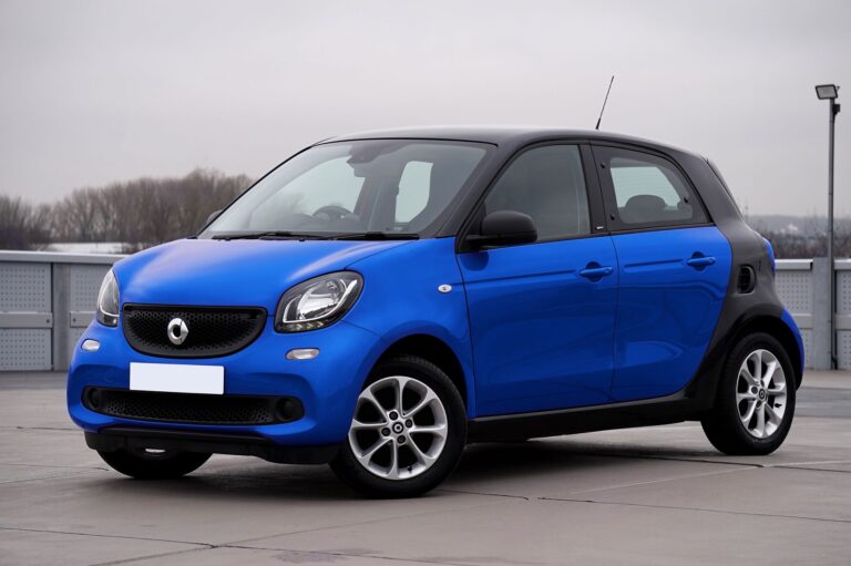 Niebieski Smart Forfour zaparkowany w miejskiej przestrzeni